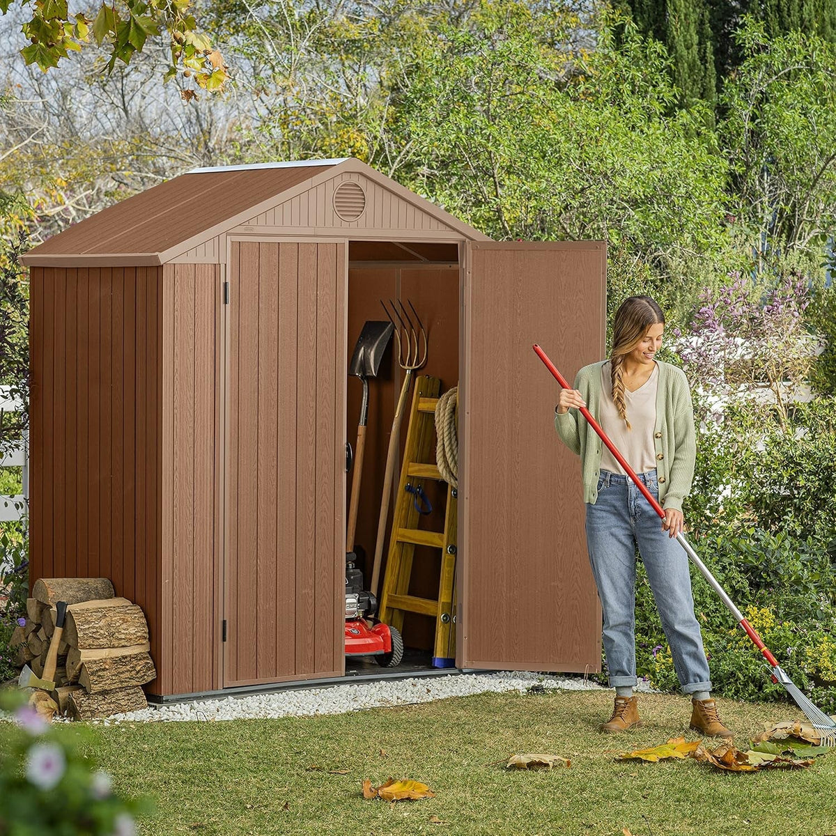 Darwin Outdoor Apex Double Door Garden Storage Shed 6 X 4Ft Brown Wood Look and Feel